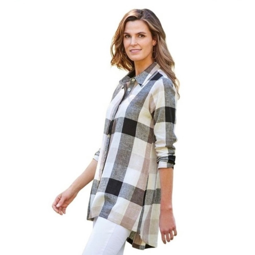 Soft Surroundings carreaux plaid ivory black zipper back shirt linen blend - Picture 7 of 7